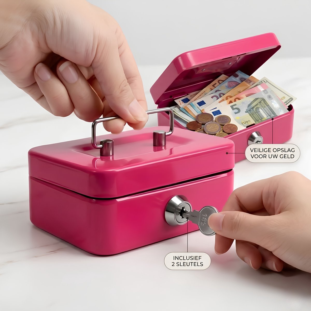 Spaarkistje - Roze - Met slot - 2 Sleutels - Metalen spaar box - Compact en veilig - Spaarpot met gleuf - Geldkist
