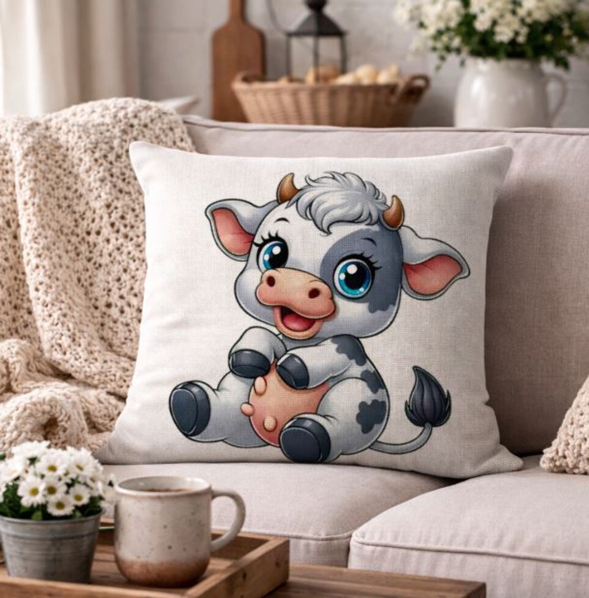 Canvas Happy Cow Collection kussenhoes - 45x45 cm