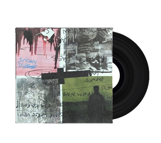 Stray Dogs vinyl single met abstracte, collage-achtige albumhoes met rode, witte en groene vlakken.