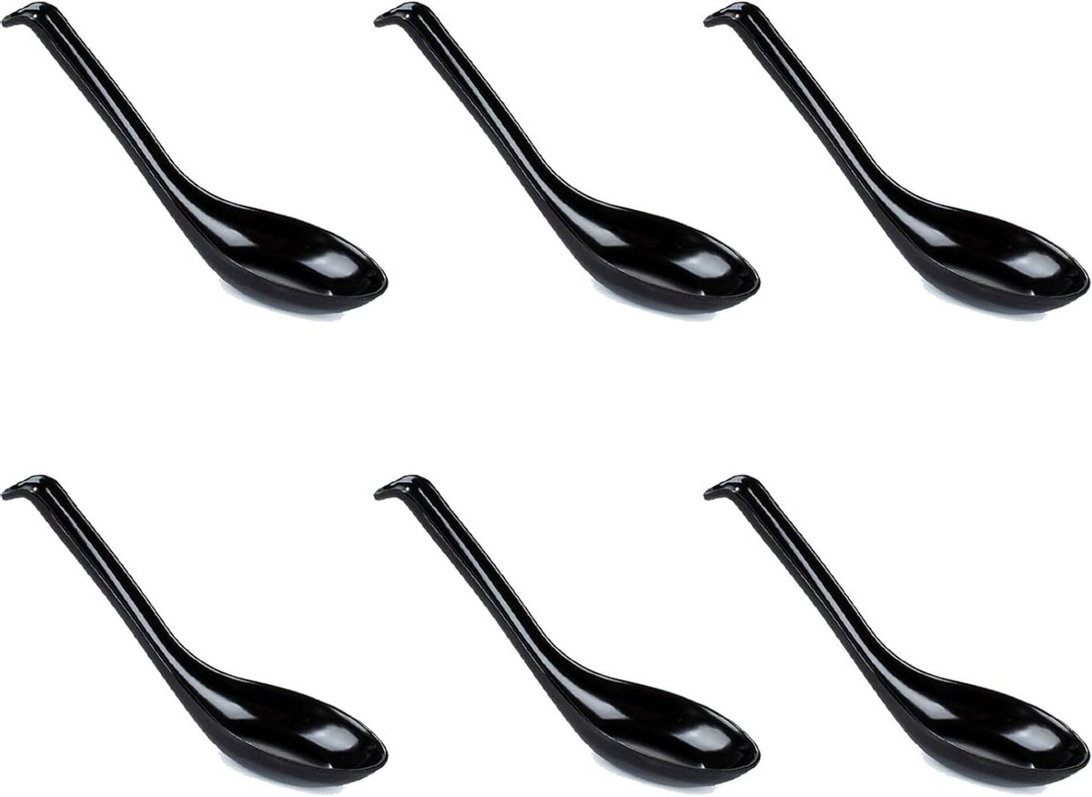 Set van 6 Melamine Soepscheppen en Rijstlepels met Lange Handgreep voor Noodles en Soep, Zwart