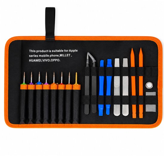 Open zwarte etui met oranje rand, toont 16 reparatiegereedschappen, waaronder schroevendraaiers, openingstools en pincet.