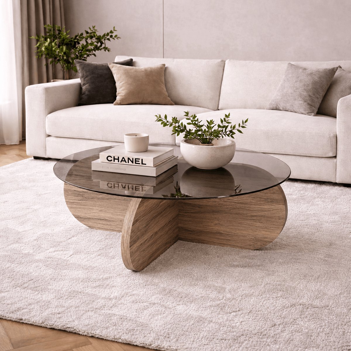 Dimehouse Ronde salontafel Aris walnoot melamine en transparant glas 75 cm - 75 x 75 x 35 cm - Hout - Japandi - Ovaal