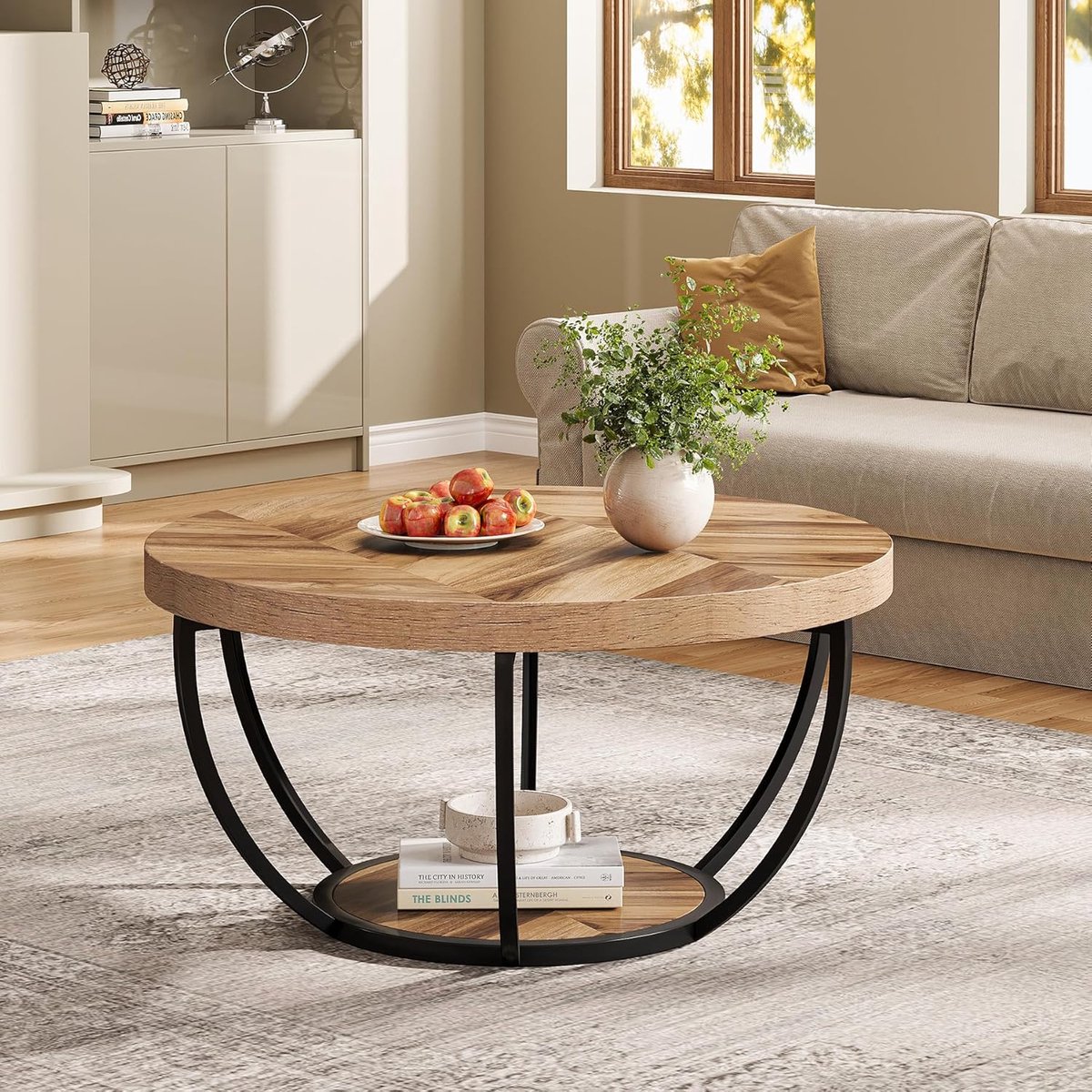 Ronde Salontafel met Opbergruimte Ø80 x 45 cm – 2-Laags Industriële Koffietafel met Opbergplank, Houtlook Tafelblad en Metalen Frame – Moderne Woonkamertafel voor Woonkamer, Kantoor en Lounge – Mobili Bella