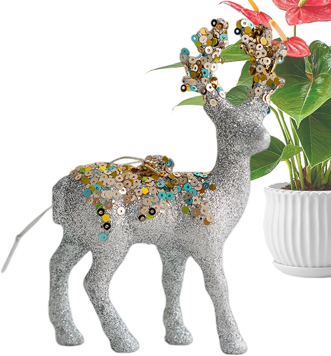Kerstbeeldje Rendier - Vakantie decoratie - Huis versieren - Gevlokt met glitter - 15 x 7 cm - Zilver