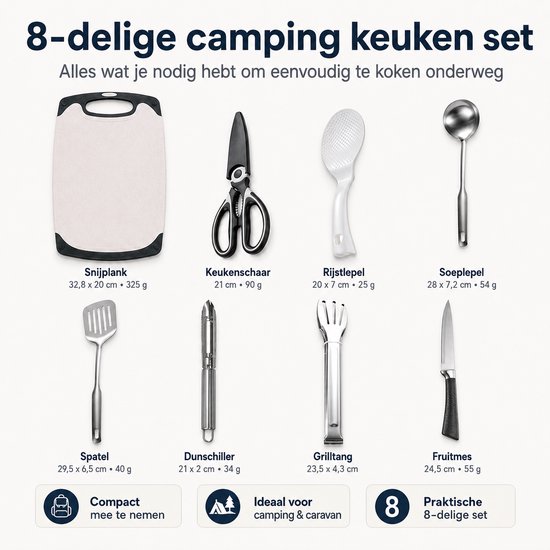 Kampeerservies Set 8-Delig - Lichtgewicht RVS Kookset voor 2-3 Personen - Outdoor Picknick, Glamping & BBQ - Compact Opbergtas - Bruin — afbeelding 2