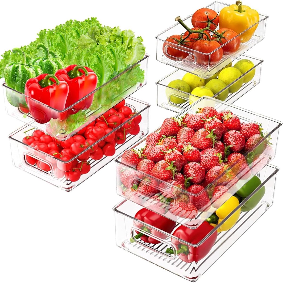 Set van 6 Stapelbare Koelkastopbergdozen met Handvatten - Transparante Organizers voor Keuken, Pantry en Kasten