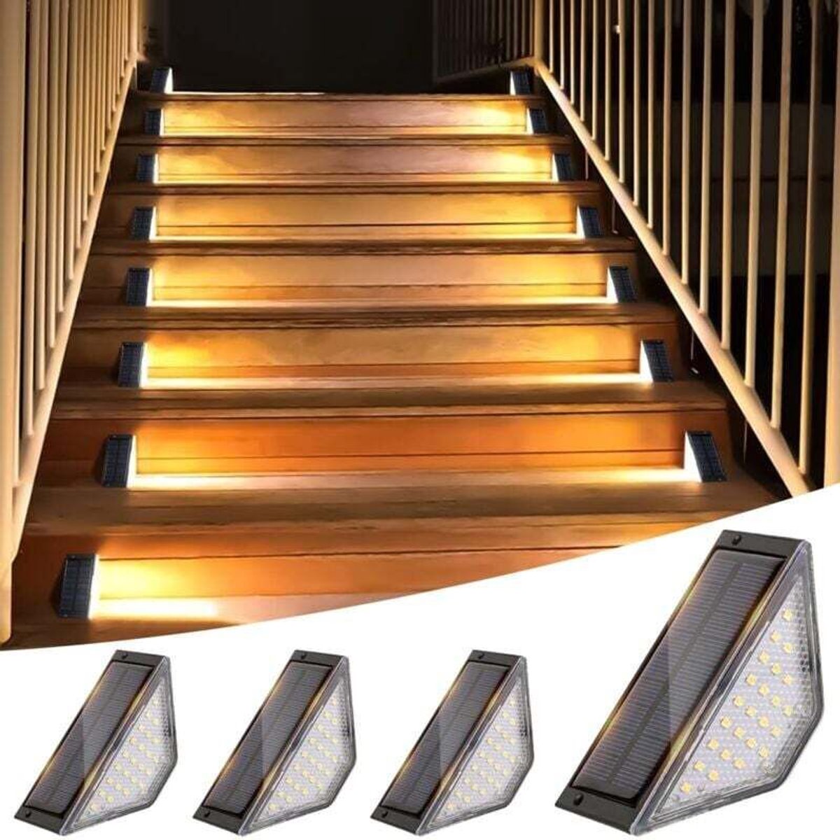 Op zonne-energie werkende trapverlichting, 4-delige LED-buitenverlichtingsset op zonne-energie, waterdichte tuinverlichting op zonne-energie, geschikt voor trappen, treden, terrassen en veranda's.