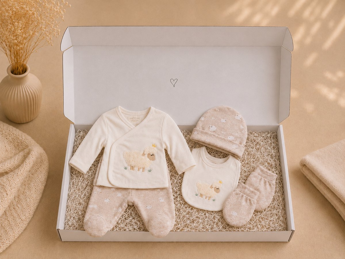 Blijeitje - Luxe 5-delige babycadeauset - Kraamcadeau Unisex met Mutsje, Shirtje, Broekje, Krabwantjes & Slab - Neutraal Schaap Design
