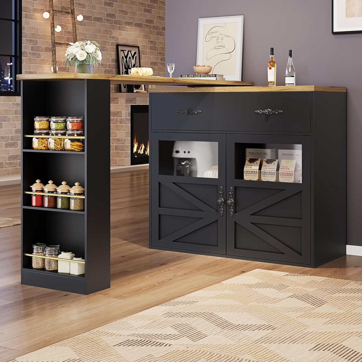 Bartafel NovaFlex Elite 138-204 x 39 x 104 cm - Uitschuifbaar Keukeneiland met Opbergruimte - 360° Draaibare Bartafel - Hoge Eettafel met Lade, Glazen Deuren en 3-Laags Opbergrek - Zwart - Mobili Bella