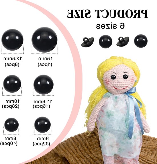 128 Stuks Veiligheidsogen en Haken 8 mm tot 15 mm Zwart Robuuste Dome Plastic Knopen voor Poppenmaken en DIY Creaties — afbeelding 5