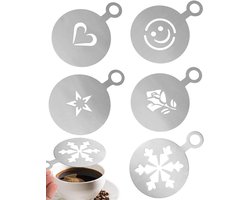 Koffie Decoratie Stencils - Cappuccino Mallen - Taart Versieren - Set van 5 - 11.9x13.5 cm - Zilver