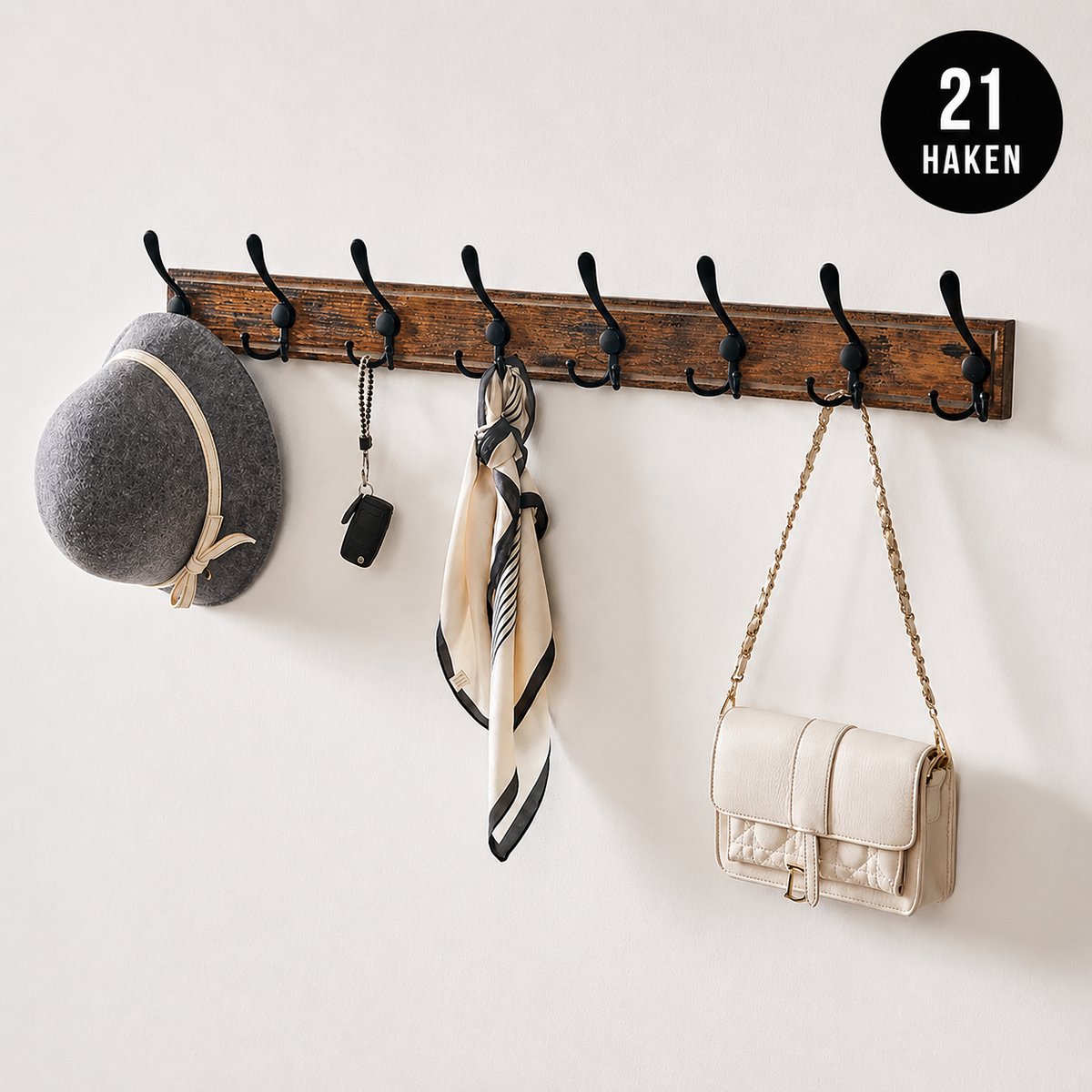Signature Home Hove Wandkapstok met 21 Haken - Kapstok - Muur Kapstok - Industriële stijl - Houten/Metaal - Bruin/Zwart - 81,4 cm