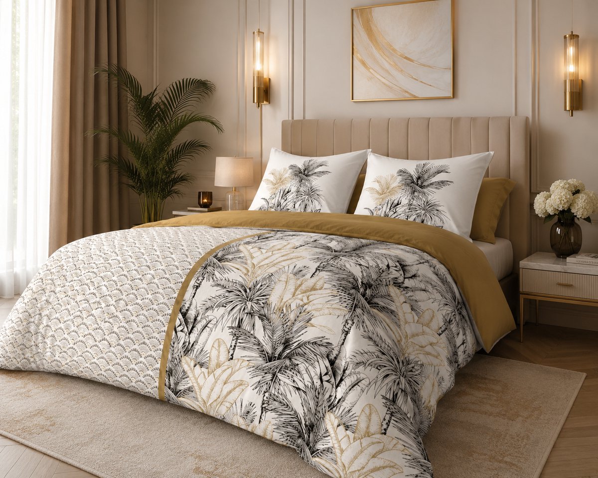 Luxe Dekbedovertrek Tropical Palm – 100% Katoen – 240 x 220 cm – Wit / Beige / Zwart – Dubbelzijdig Motief & Ademend - Incl. 2 Slopen