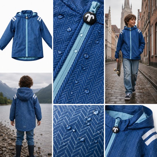 Collage van een blauw regenpak met visgraatpatroon, close-ups van de details en een jongen die het draagt.