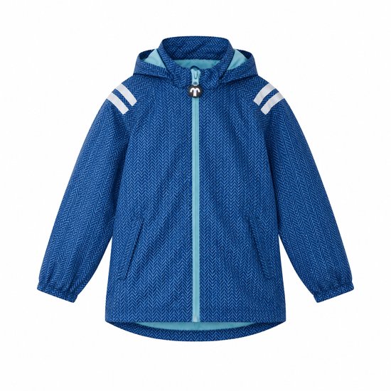 Blauw regenpak met visgraatpatroon, capuchon en reflecterende strepen op de schouders.