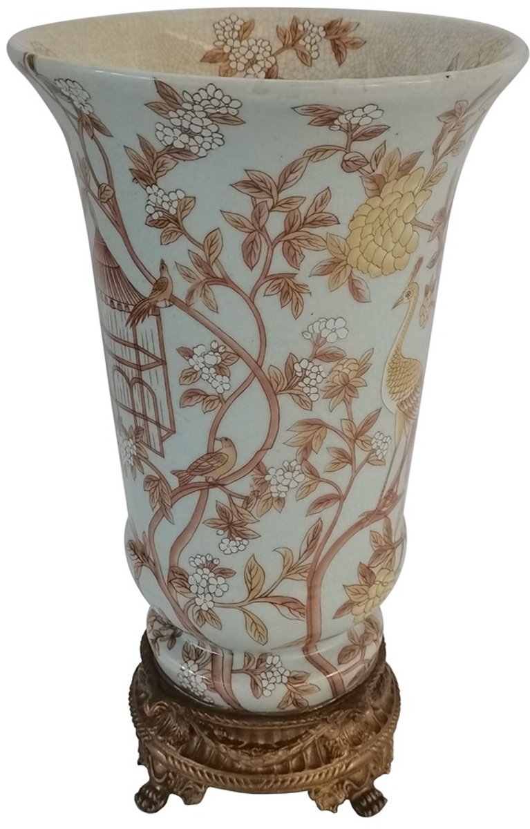 Vaas Pauw/bloemen, blauw/goudkleur Ø17,5x30cm