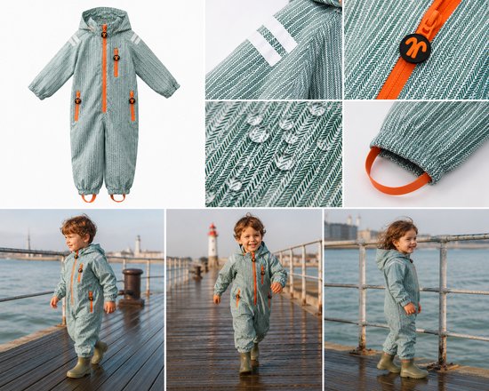 Collage: groen regenpak met visgraatpatroon en oranje ritsen, waterdruppels, jongen op pier.