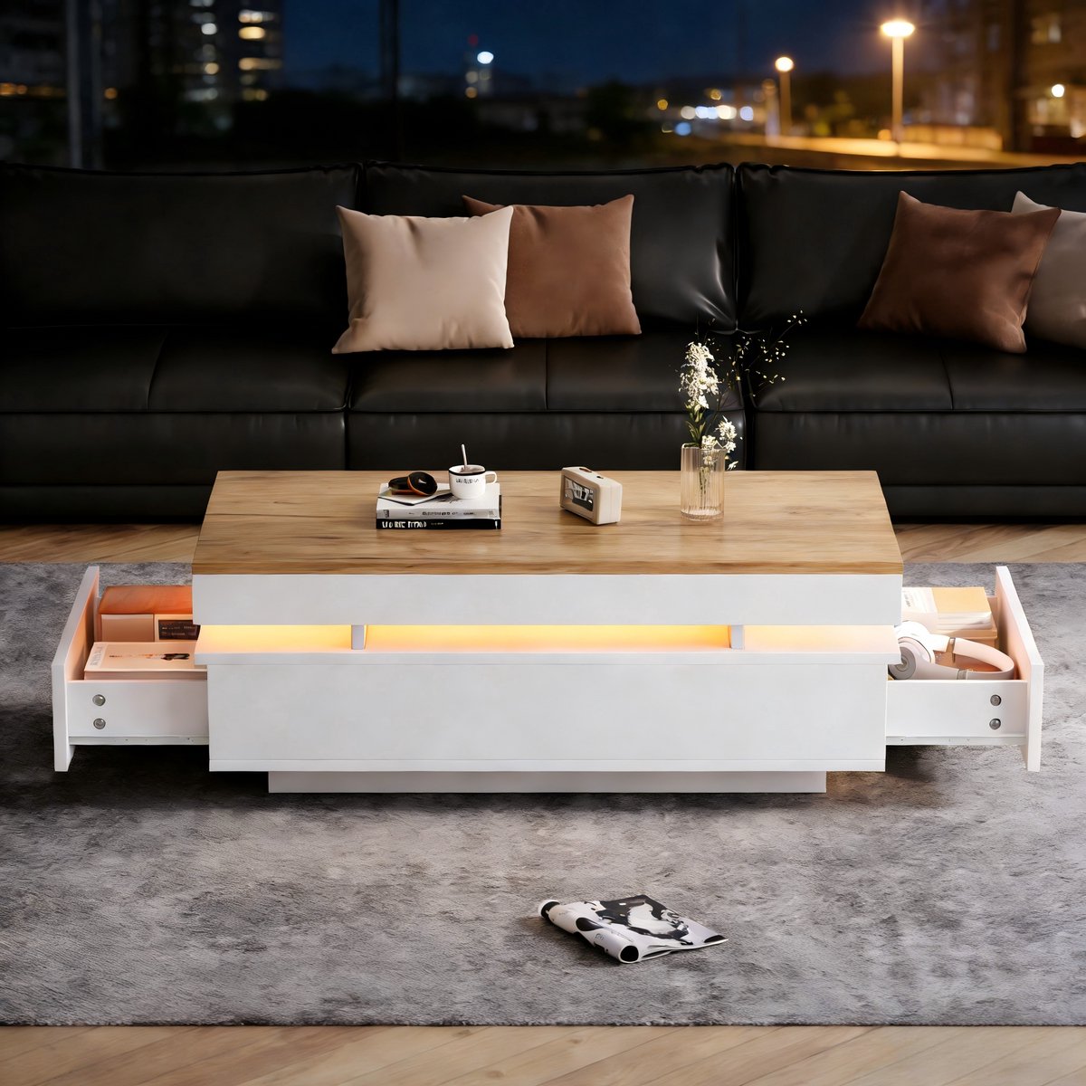 MODENUIT Salontafel - 2 Lades En LED - Voor Woonkamer - Spaanplaat Hoogglans In Wit En Houtlook - 100x50x35 Cm