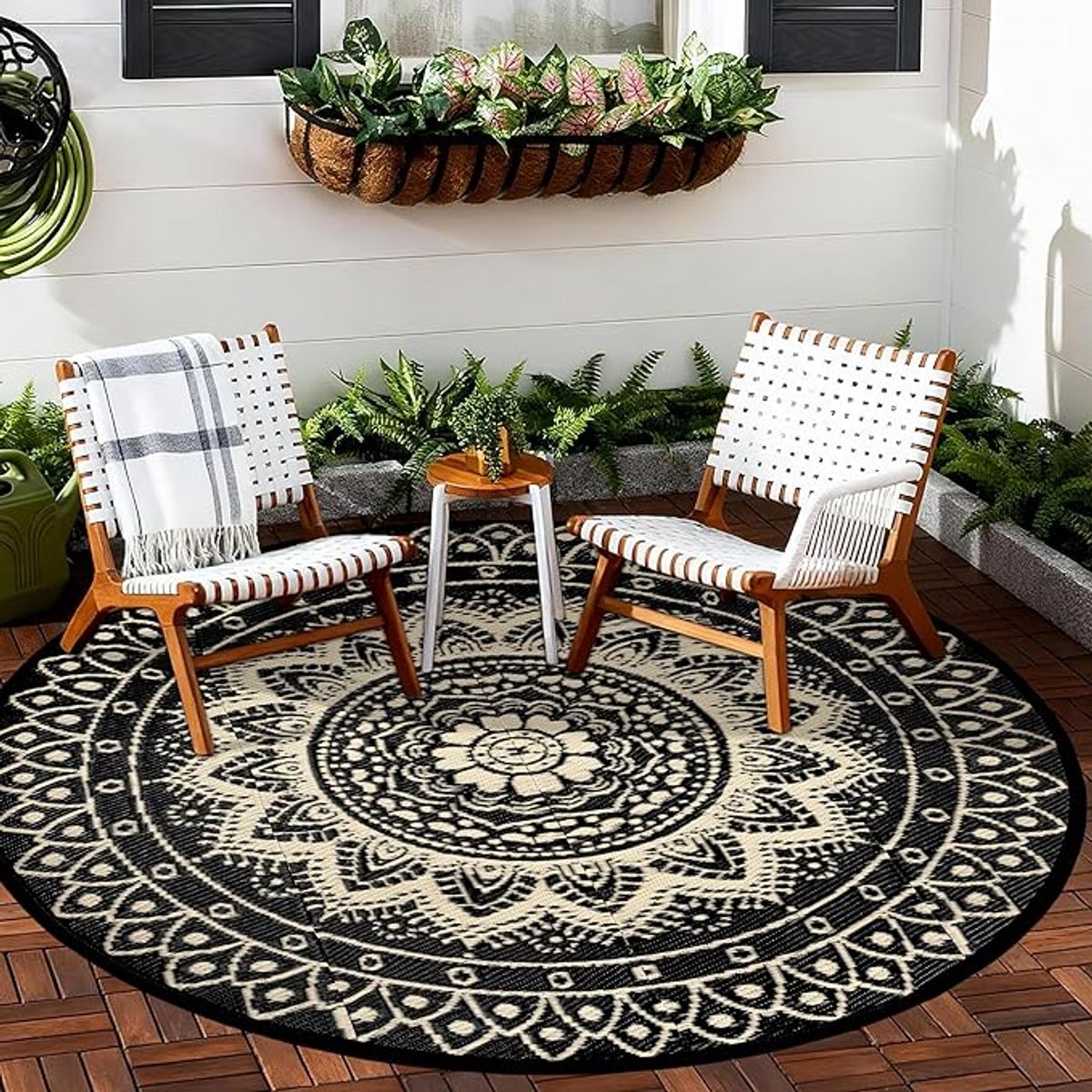 Rond Buitenkleed 180 cm - Omkeerbaar Zwart Bruin - Waterdicht en Opvouwbaar - Outdoor Vloerkleed voor Terras Balkon Tuin Camping Strand en Picknick