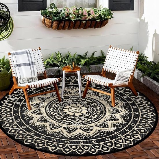 Rond Buitenkleed 180 cm - Omkeerbaar Zwart Bruin - Waterdicht en Opvouwbaar - Outdoor Vloerkleed voor Terras Balkon Tuin Camping Strand en Picknick