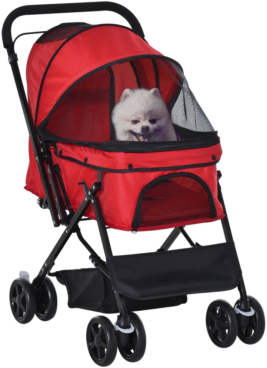 NordHaus Huisdierenbuggy Opvouwbaar - Hondenbuggy Reisbuggy - Verstelbare Luifel & Omkeerbare Duwstang - 15 kg Draagvermogen-Kleur Rood