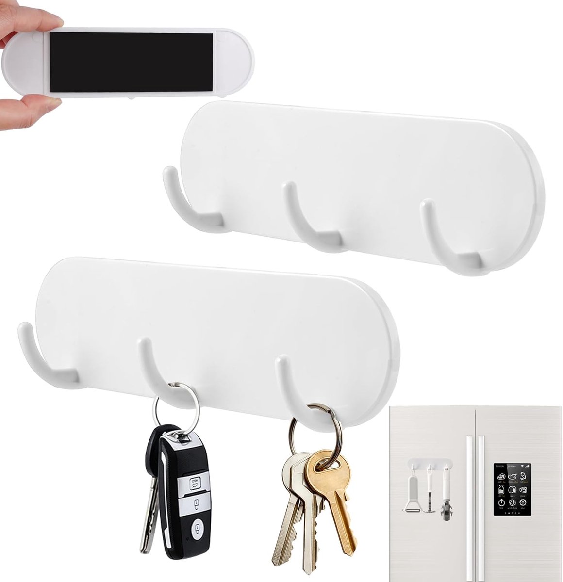Magnetische Sleutelhanger - Haakjes Set - Huis Organiseren - Zonder Boren - 2 Stuks - Wit