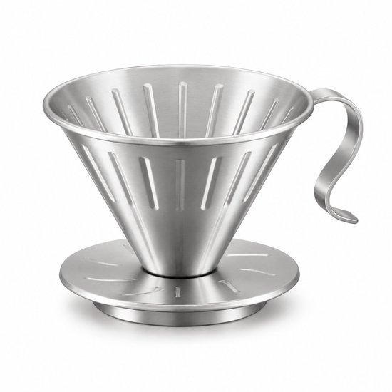 Zilverkleurige RVS koffiefilterhouder met een brede, platte basis en een gebogen handvat.