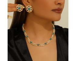 Sieradenset / Barokstijl ketting en oorbellen met kleurrijke geweven madeliefjes en imitatieparels / Europese en Amerikaanse etnische stijl oorbellen en ketting met bloemmotief