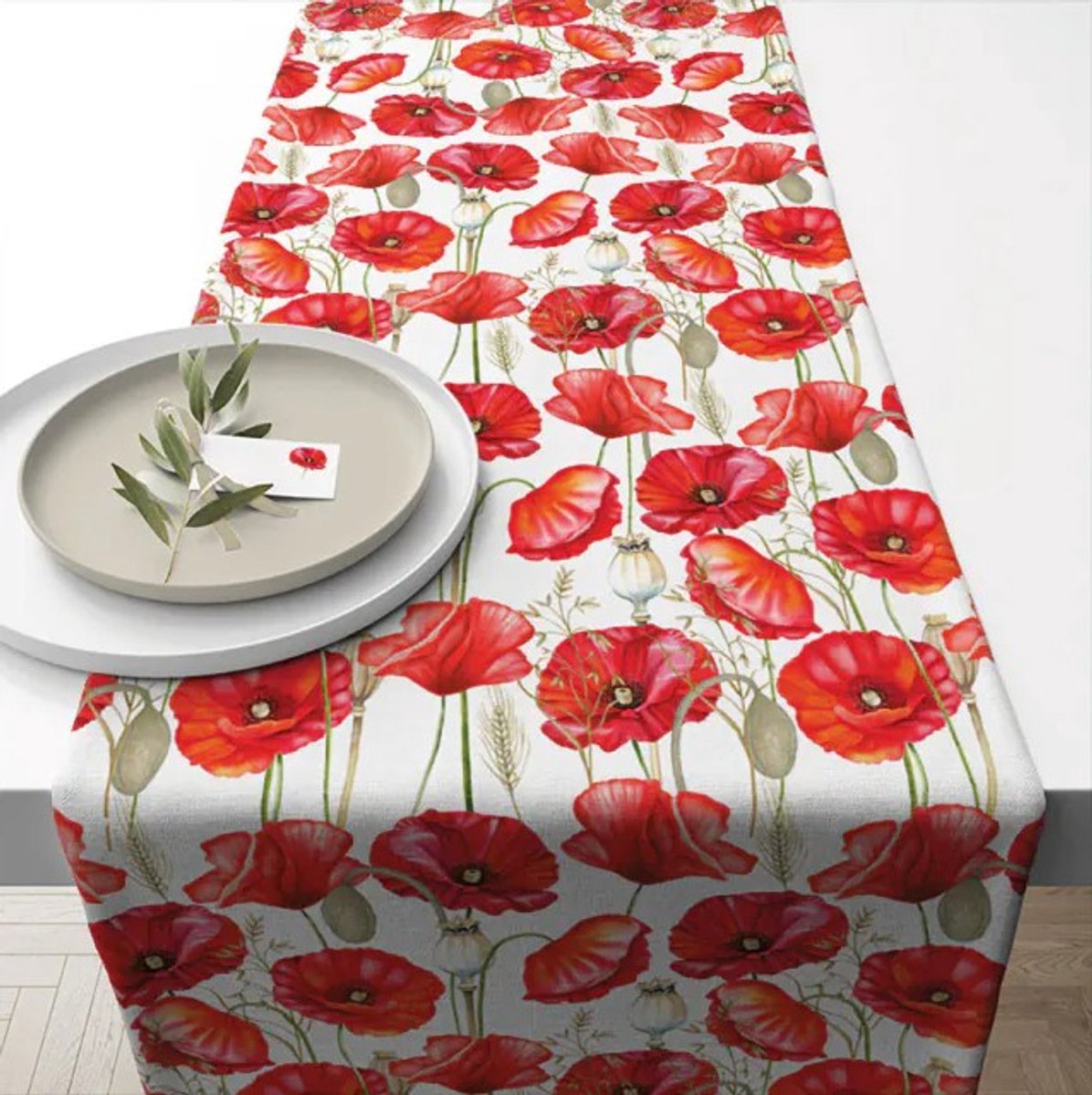 Ambiente Tafelloper - Poppy all over white - 40x150 cm - Klaproos - Rood - Zomer - Lente - Tafeldecoratie - Geschenkenlaantje