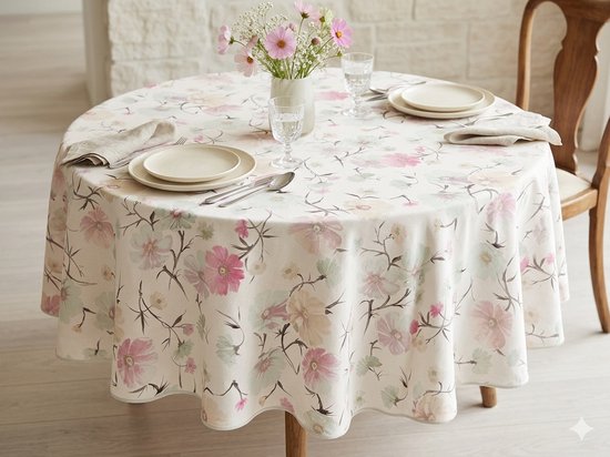 Rond tafelzeil van 160 cm met een roze en groene bloemenprint. Met bies.