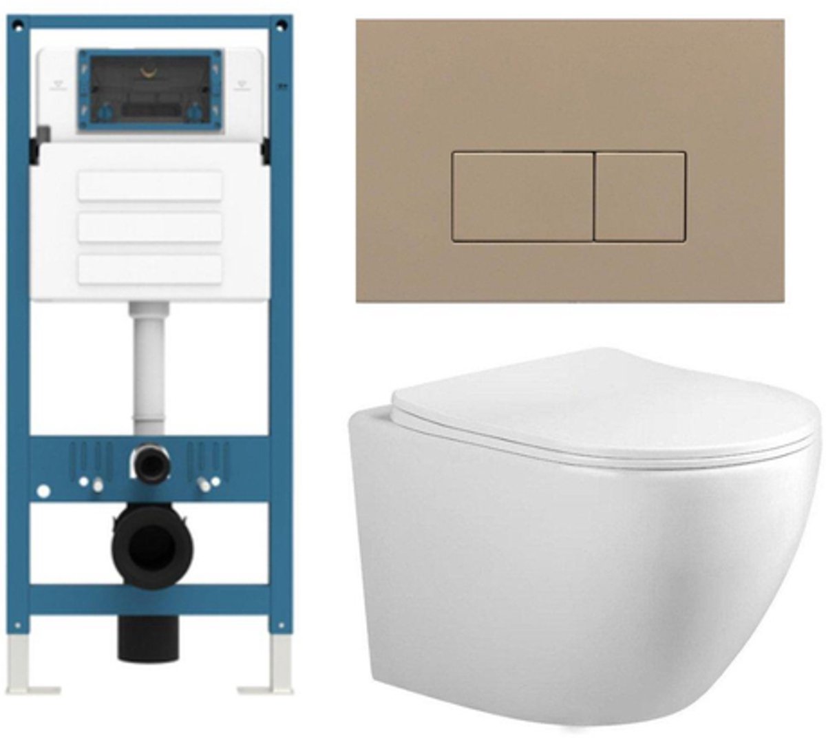 Adema Salina 2.0 Toiletset - 48.5x36x32cm - diepspoel - spoelrandloos - QeramiQ inbouwreservoir - softclose - quickrelease - toiletzitting - taupe kunststof bedieningsplaat - rechthoekige knoppen - wit