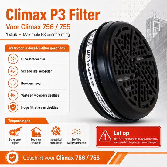 Zwart P3 filter met gaasdetail, naast een oranje en zwart Climax masker. Achtergrond van bouwwerkzaamheden. Tekst: "Climax P3 Filter voor Climax 756 / 755"
