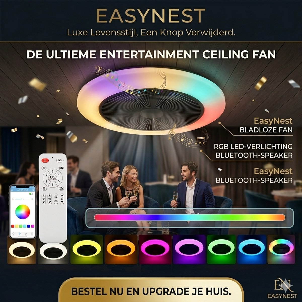Slimme Plafondventilator met Verlichting – RGB LED Lamp met 6 Snelheden, App-bediening & Omkeerbare Ventilator – Stil Design voor Slaapkamer en Woonkamer