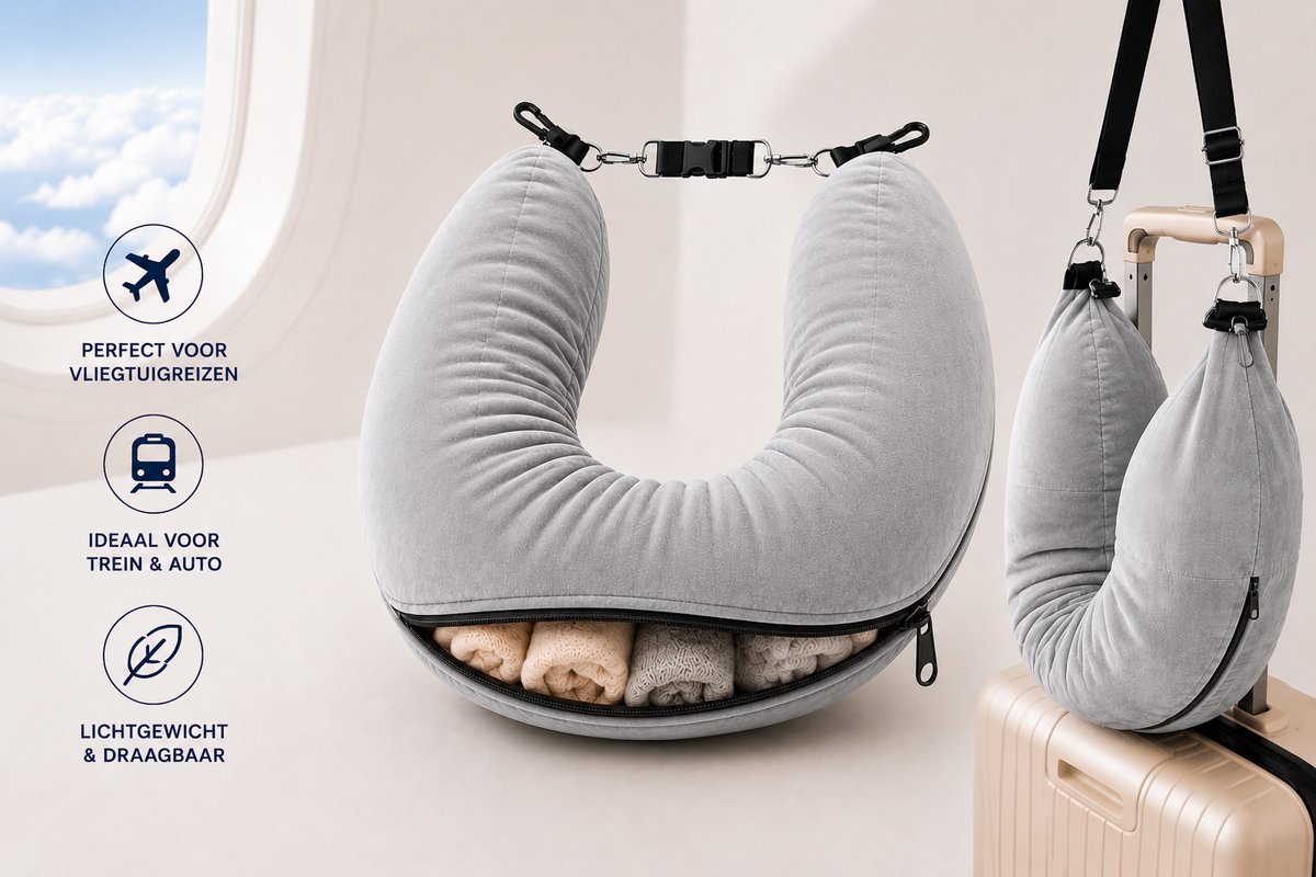 Cozyvent XL Multifunctioneel Reiskussen met Opbergruimte - Voor Vliegtuig Trein en Auto - nekkussen - rugkussen voor reizen - handbagage besparen - opvulbaar reiskussen - reiskussen met draagriem - reisaccessoires vliegtuig