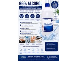 1 LITER ALCOHOL 96% PERFECT VOOR DESINFECTIE VAN JE WERKPLEK, SCHOOL EN THUIS  IDEAAL VOOR ELKE SCHOONMAAKKLUS. KRACHTIGE REINIGING VOOR OPPERVLAKKEN, MATERIALEN EN DAGELIJKS GEBRUIK. SNELDROGEND, VEELZIJDIG EN ONMISBAAR IN ELK HUISHOUDEN