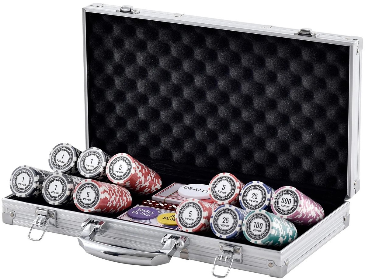 Pokerset 300 Delig - Pokerchipset met Aluminium Koffer - Casino Fiches 11,5 Gram - Inclusief Speelkaarten, Dealer Button en Dobbelstenen - Texas Holdem Set - Voor 7 tot 8 Spelers - Professionele Spelavond