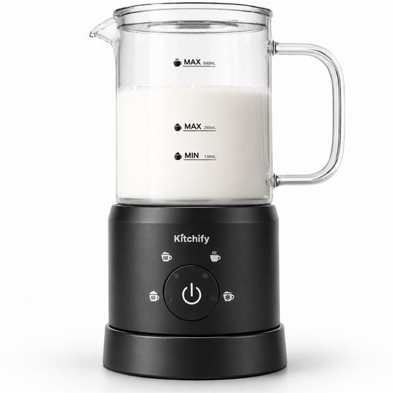 Kitchify Glazen Melkopschuimer - Elektrische melkopschuimer - Met schenktuit - 4 in 1 - Milk Frother - Zwart