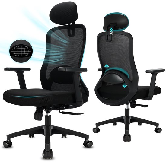 Bureaustoel - Ergonomische Bureaustoel – Verstelbare Hoofdsteun, 4D Lendensteun, 90°-130° Kantelbare Rugleuning (Vergrendelbaar), 150 kg Draagvermogen, Comfortabel en Duurzaam – Perfect voor Thuiswerken en Kantoor