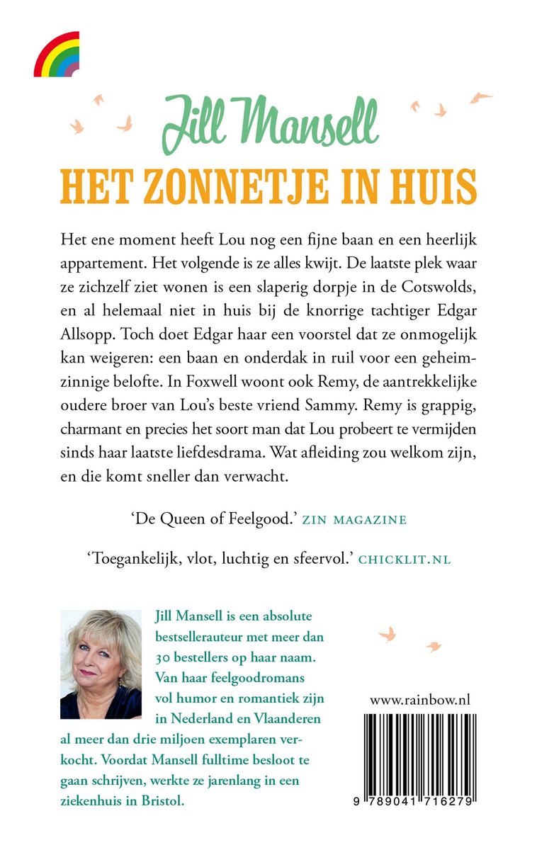 Boekcover van Jill Mansell's 'Het Zonnetje in Huis' met een foto van de auteur en een regenboog.