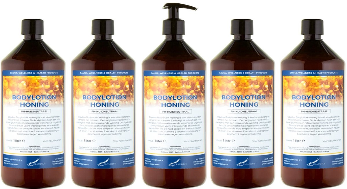 Bodylotion Honing 1 Liter - met gratis pomp - set van 5 stuks - Voordeelverpakking