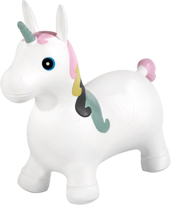 Witte skippy-eenhoorn met roze, gele, grijze en blauwe manen. Blauwe ogen en roze staart. Op witte achtergrond.
