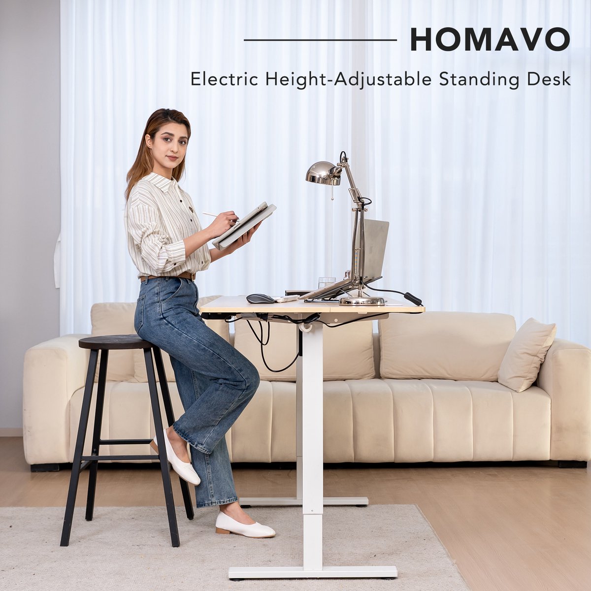 Zit-sta bureau 110 x 60 cm, Elektrisch in hoogte verstelbaar bureau, met geheugenfunctie en anti-botsingstechnologie, Stevig en Duurzaam, Stille Motor, Hoogte 70-117cm