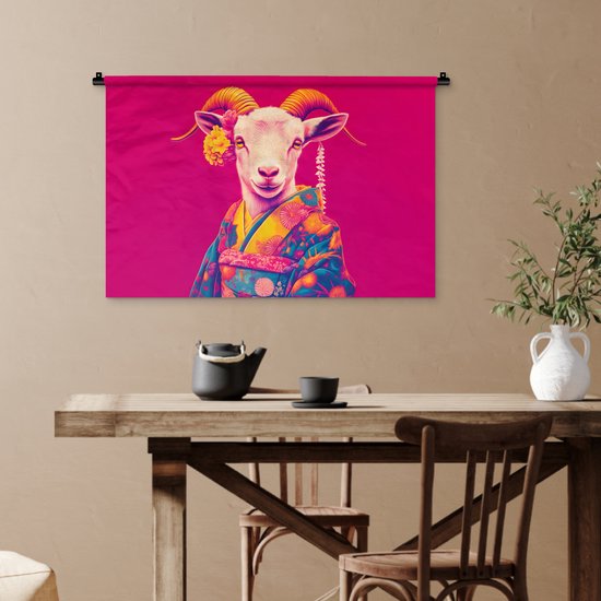 Tapisserie murale 90x60 cm - Tapisserie murale Chèvre - Cornes - Kimono - Colorée - Tapisseries