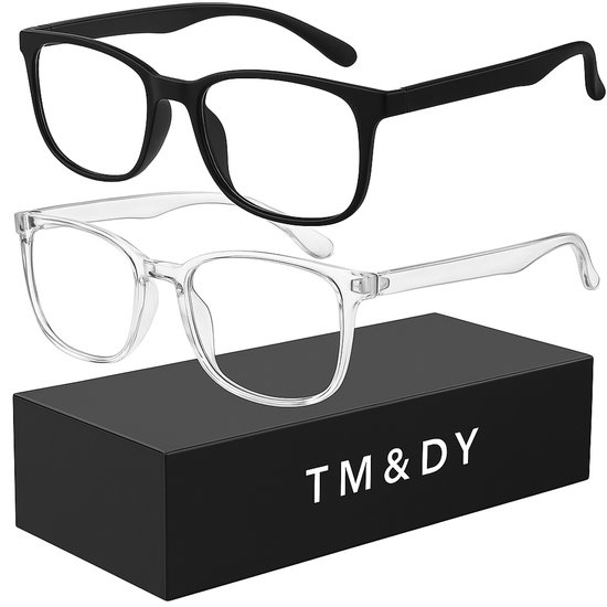 TM&DY Blauw Licht Bril – 2 Stuks (Zwart & Transparant) – Zonder Sterkte – Blue Light Glasses – TR90 - Voor Computer, Telefoon & TV – Unisex – Vermindert Oogvermoeidheid - Beeldschermbril