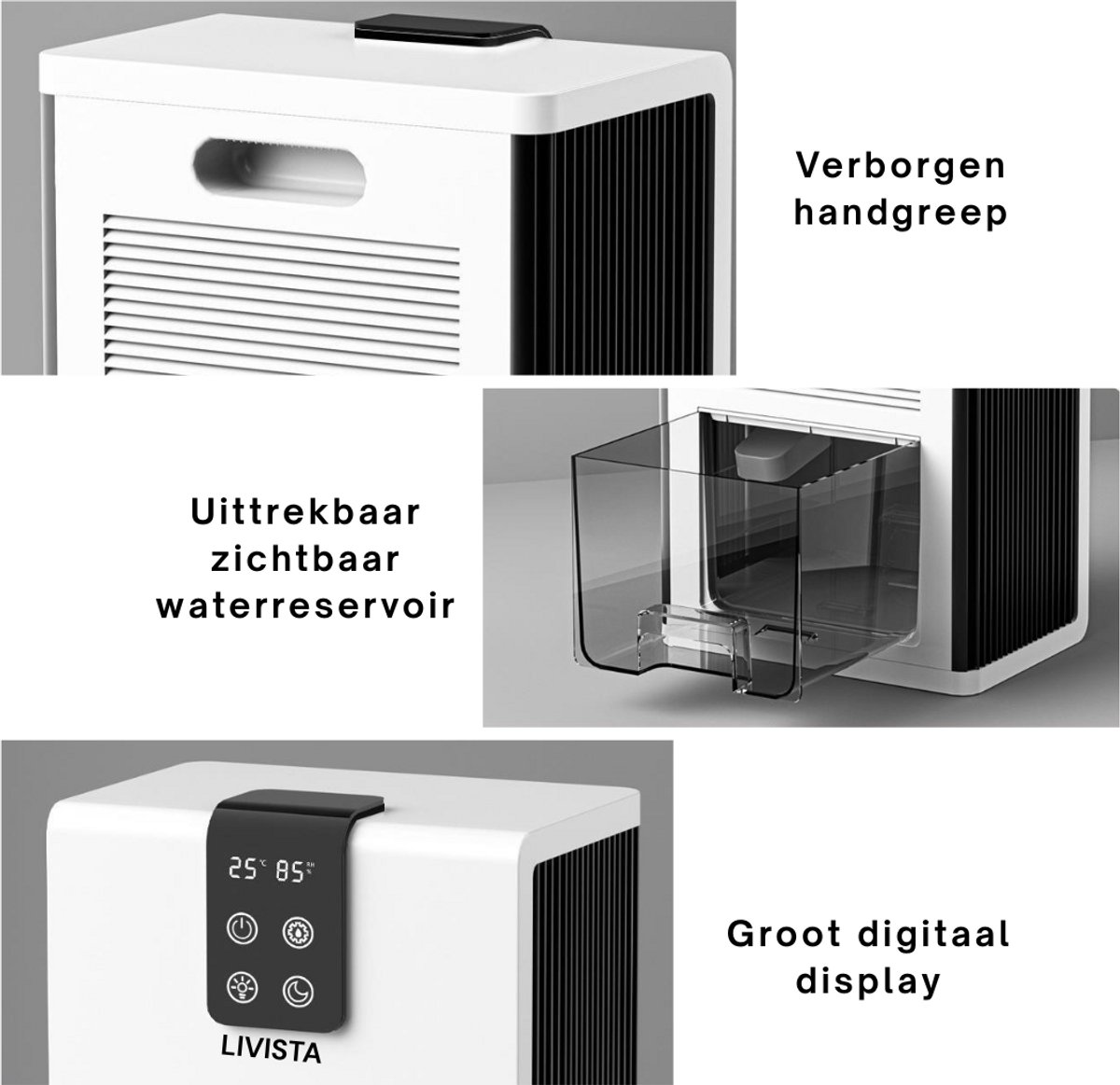 Livista Luchtontvochtiger voor Thuisgebruik – Met Luchtzuiveringsfunctie – 2.8L – Intelligente Vochtigheidsregeling – Laag Geluidsniveau – Automatische Uitschakeling bij Vol Waterreservoir – Geschikt voor Meerdere Kamers – Wit