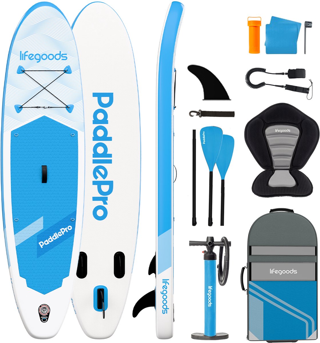 LifeGoods SUP Board Allround Compact - Met Zitje - 100 KG Draagkracht - 300 x 76 cm - Opblaasbaar - Compleet SUP pakket - Sky Blue