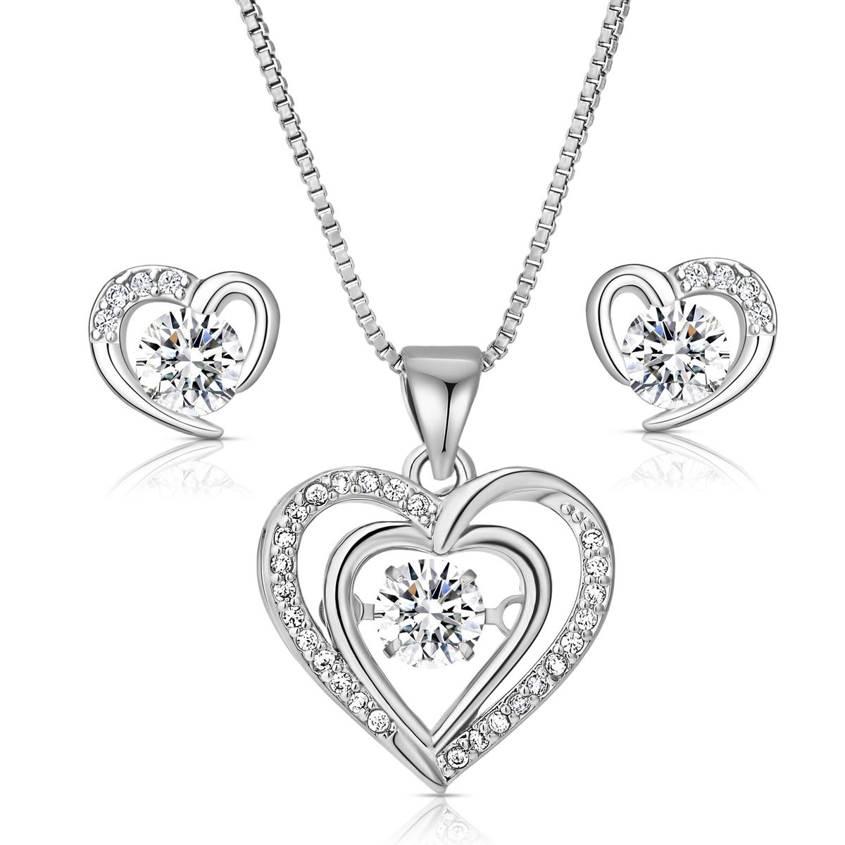 Juwelium Silverplated Hartjes Ketting en Oorbellen Set Verstelbaar 42 tot 47 cm met Zirkonia Kristallen in Luxe Sieradendoos met Rozen – Perfect Cadeau voor Vrouw, Vriendin, Moeder, Dochter