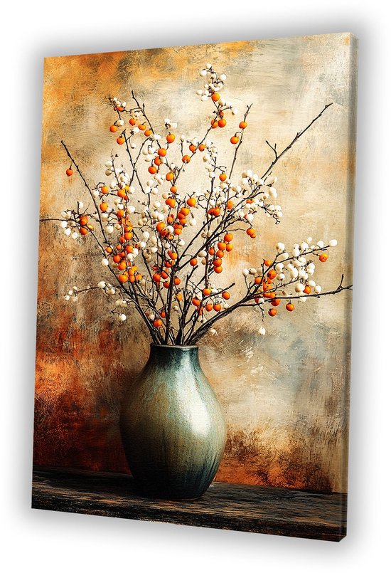 Keramische vaas met oranje bessen - Stilleven - Wandkunst bloemen - Wanddecoratie woonkamer - Muurdecoratie industrieel - Woonaccessoires - Canvas schilderij 50x70 cm
