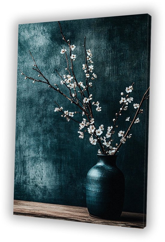 Vaas met bloesemtakken - Stilleven canvas schilderijen - Kunstwerk bloesem - Japandi - Decoratieve kunst - Muurdecoratie woonkamer - Wanddecoratie slaapkamer - Canvas schilderij 50x70 cm