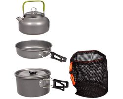 3 stuks - Kookset - Camping Kookset - Kookgerei - Camping Pannenset - Camping Kookgerei Kit - Keukengerei set - steelpan, pan, theepot - voor 2-3 personen - voor Buitenpicknick Kamperen Wandelen - Opvouwbare - aluminium
